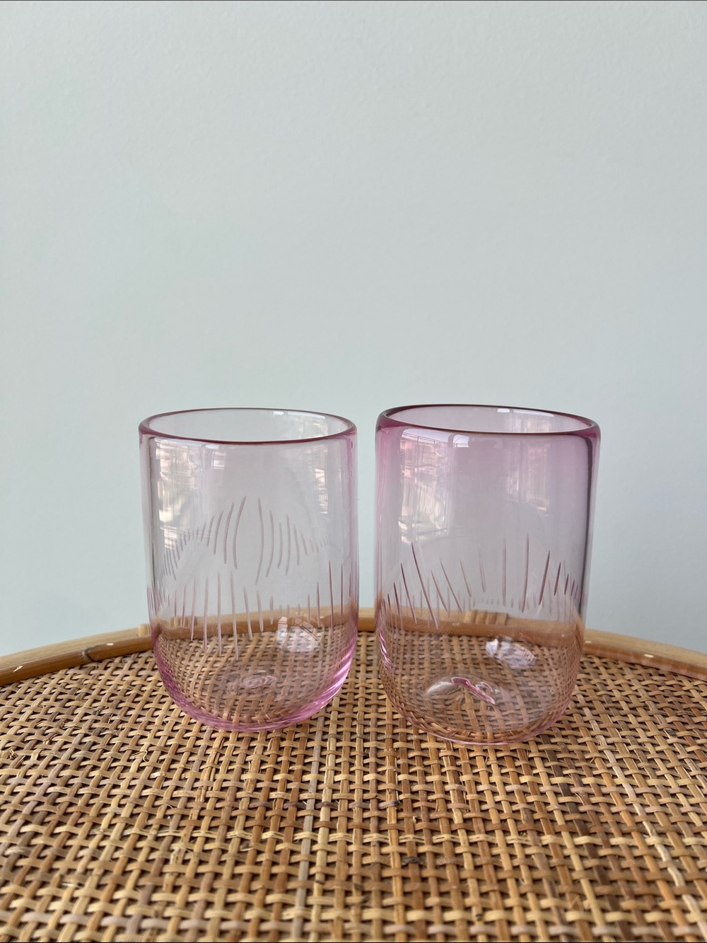Pink Etched Handblown Glass Cups Pair Set of 2